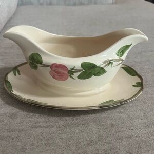 Franciscan Cream Gravy Boat with Pink and Green Floral with attached plate